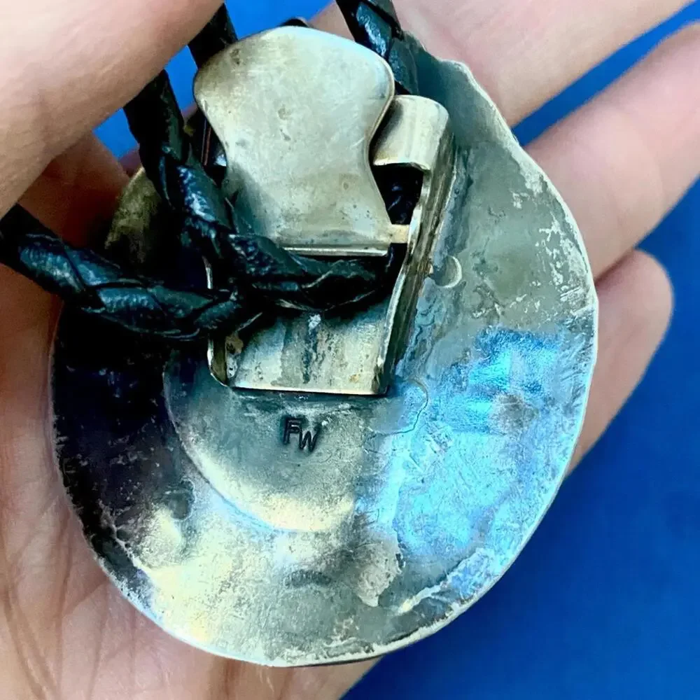🚫SOLD OUT🚫 Vintage Turquoise Bolo Tie Signed SW |Silver |Bennett Patent - Picture 6 of 9